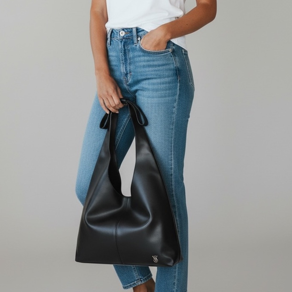 Victoria’s Secret Black Bow Slouchy Tote Bag Faux Leather Shoulder Bag
